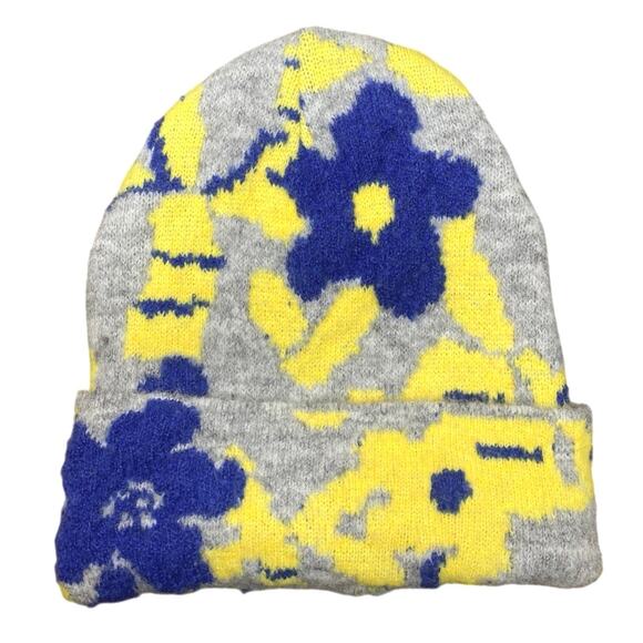 Anthropologie Gray Multicolor Floral Knit Winter Bonnet Fuzzy Beanie Hat Cap OS - Picture 1 of 4